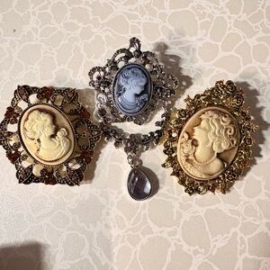 Vintage inspired Cameo style Brooch Trio - Silver, Gold, Brown